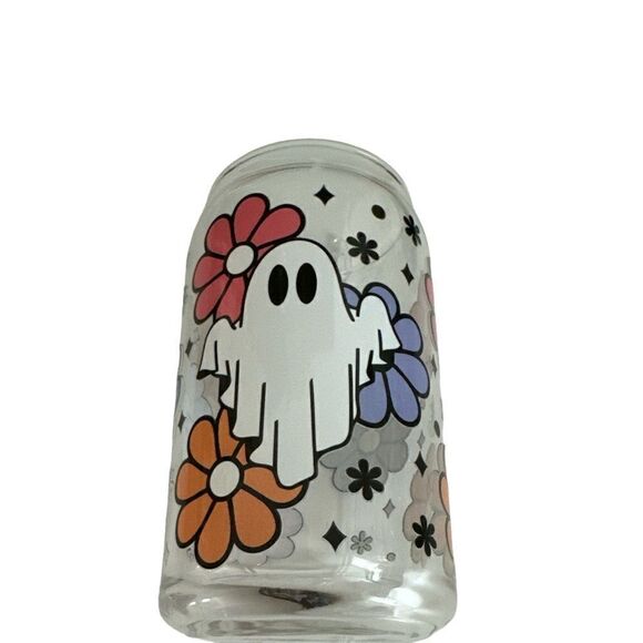 Retro Lilies Ghosts Glass Can, Halloween Glass Can NWT - Picture 1 of 5